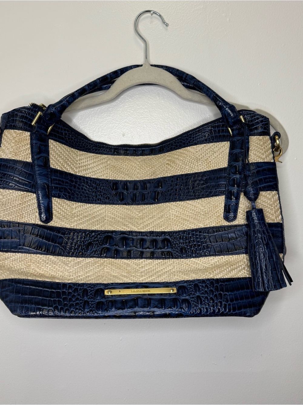 Brahmin Regatta Vineyard Striped Crocodile Embossed Straw/Raffia Blue Handbag